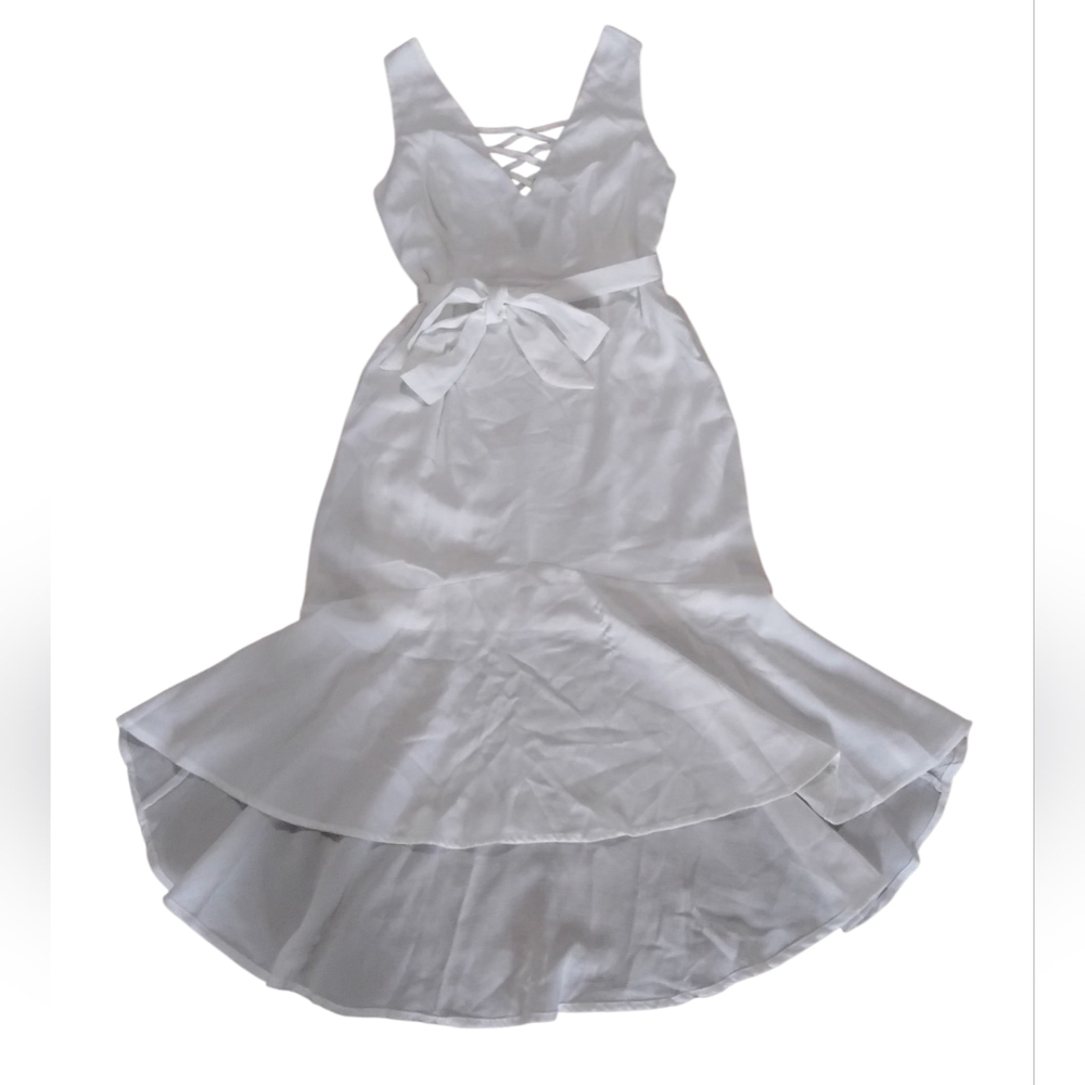 White Sleeveless Lace-Up Mermaid Hem Dress with Waist Tie Womens Medium